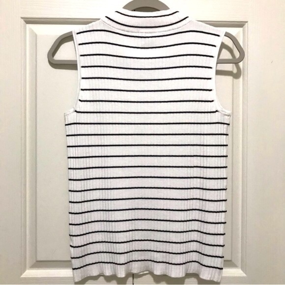 Talbots White Black Stripe Sleeveless Ribbed Mock Neck Sweater SP - Picture 4 of 14